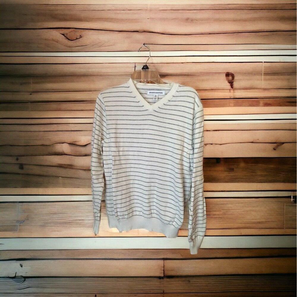 Amazon Essentials Mens Long‎ Sleeve 100% Cotton V-Neck Sweater Size S White/Gray